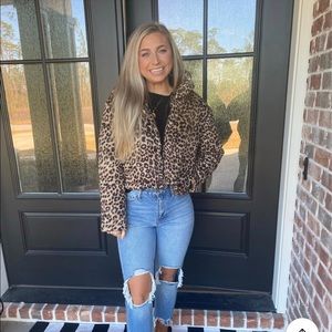 MAKE YOU BELIEVE BROWN CROPPED ANIMAL PRINT PUFFER JACKET